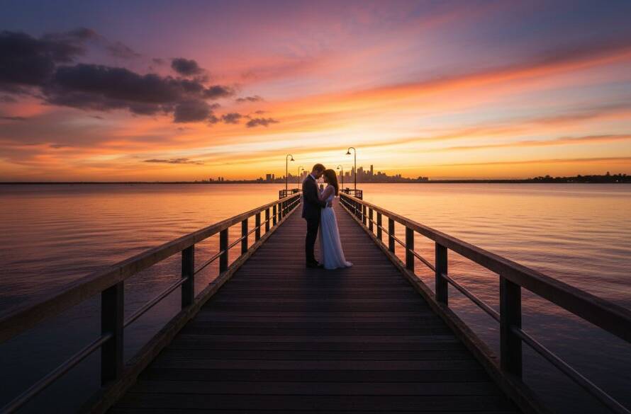 An intimate and epic moment captured during an Altona North waterside pre-wedding photography inspiration shoot, featuring a couple embracing dramatically against a sunset-kissed bay, professional color grading.