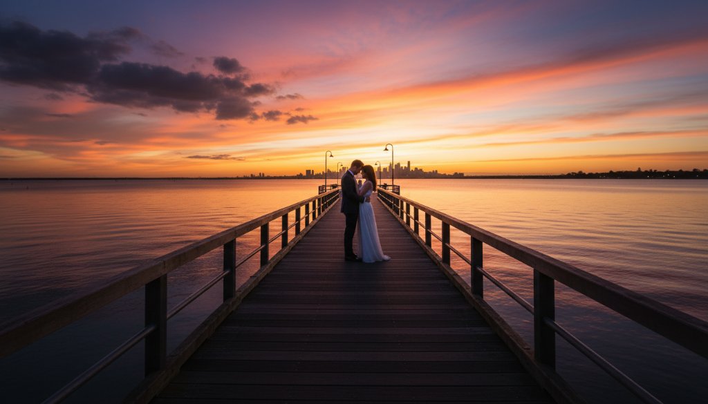 An intimate and epic moment captured during an Altona North waterside pre-wedding photography inspiration shoot, featuring a couple embracing dramatically against a sunset-kissed bay, professional color grading.