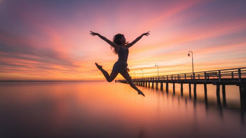 An exquisite wide shot of a contemporary dancer performing an elegant leap on Altona pier at sunset, dramatically lit, capturing the breathtaking beauty of Altona pier sunset contemporary dance photography.