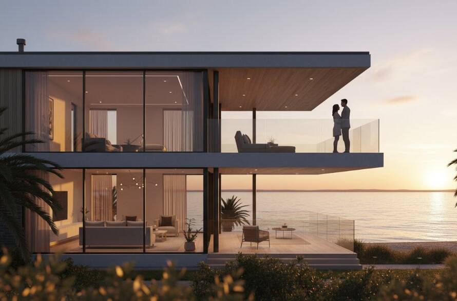 A wide-angle, cinematic photograph showcasing an immaculate modern beachfront home in Altona, bathed in golden hour light, with a family enjoying the spacious deck overlooking Port Phillip Bay. This image exemplifies high-quality Altona professional real estate photography services, capturing lifestyle and luxury.