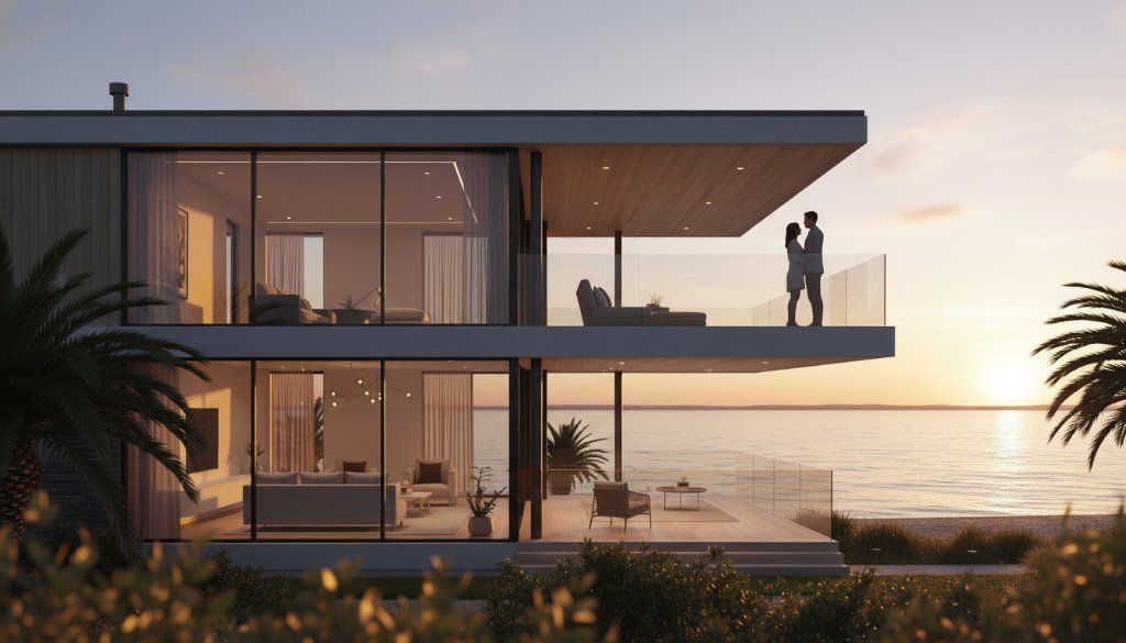 A wide-angle, cinematic photograph showcasing an immaculate modern beachfront home in Altona, bathed in golden hour light, with a family enjoying the spacious deck overlooking Port Phillip Bay. This image exemplifies high-quality Altona professional real estate photography services, capturing lifestyle and luxury.