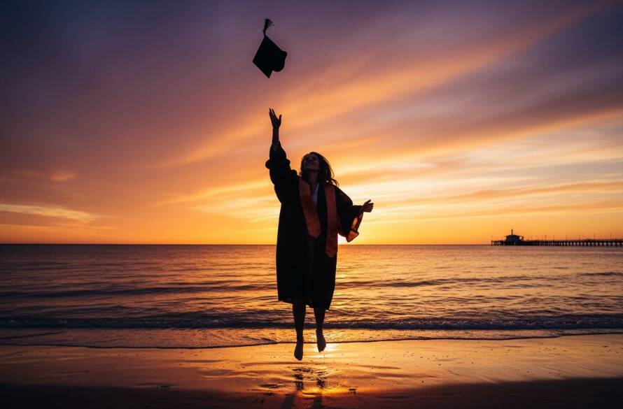 Dramatic 'epic moment' photograph capturing a graduate joyfully tossing their cap against a vibrant sunset sky over the Altona waterfront, celebrating their Altona waterfront graduation photography.