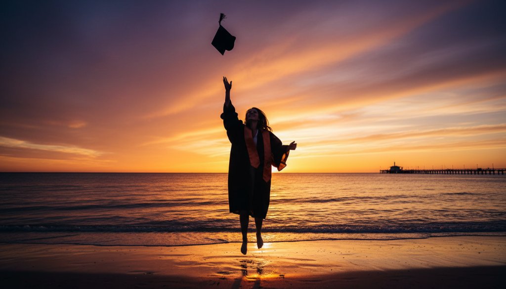 Dramatic 'epic moment' photograph capturing a graduate joyfully tossing their cap against a vibrant sunset sky over the Altona waterfront, celebrating their Altona waterfront graduation photography.