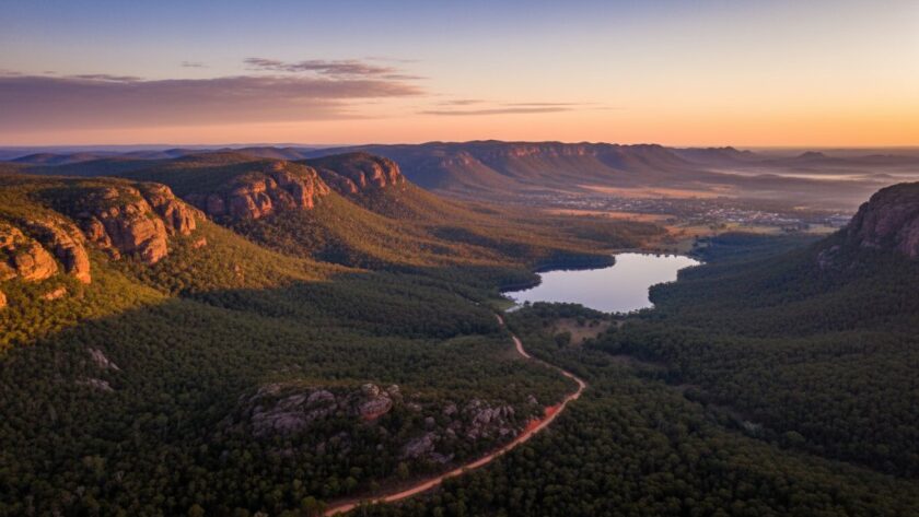 An epic drone shot capturing the vast, stunning landscape of the Grampians National Park near Ararat, Victoria, Australia, showcasing Ararat drone photography services for breathtaking regional views. The sun rises over jagged peaks, casting long shadows, with a winding road leading towards the distant town, evoking a sense of adventure and grandeur.