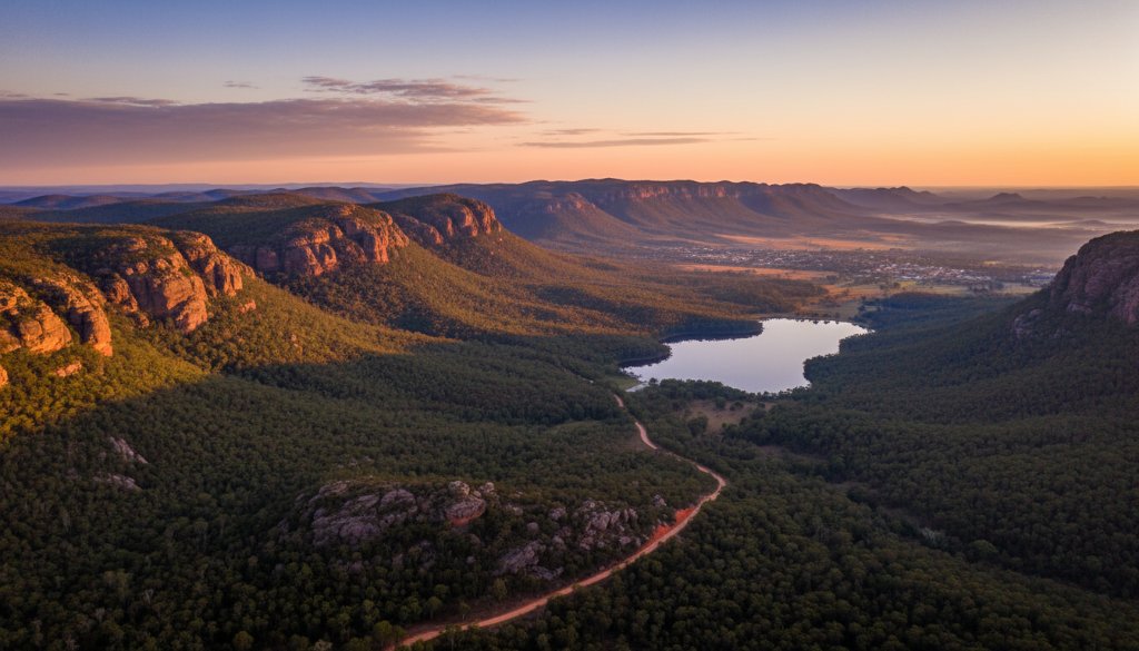 An epic drone shot capturing the vast, stunning landscape of the Grampians National Park near Ararat, Victoria, Australia, showcasing Ararat drone photography services for breathtaking regional views. The sun rises over jagged peaks, casting long shadows, with a winding road leading towards the distant town, evoking a sense of adventure and grandeur.