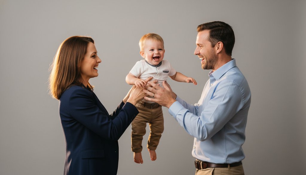 A heartwarming and professionally lit 'epic moment' photograph of an Ararat family in a modern studio. The parents are laughing joyfully as their young child, wearing a light-coloured outfit, is playfully thrown gently in the air, arms outstretched, against a soft, neutral background. Dramatic, warm studio lighting accentuates their smiles and the child's movement, with beautiful bokeh in the background, making it a perfect example of Ararat family studio photography capturing cherished moments.