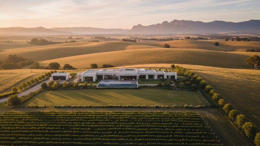 An aerial drone shot at golden hour showcasing a modern, luxurious home nestled in the scenic hills of Ararat, Victoria, with a vineyard in the foreground, perfectly demonstrating professional real estate photography for standout properties.