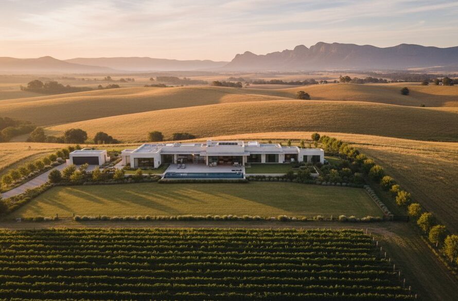 An aerial drone shot at golden hour showcasing a modern, luxurious home nestled in the scenic hills of Ararat, Victoria, with a vineyard in the foreground, perfectly demonstrating professional real estate photography for standout properties.