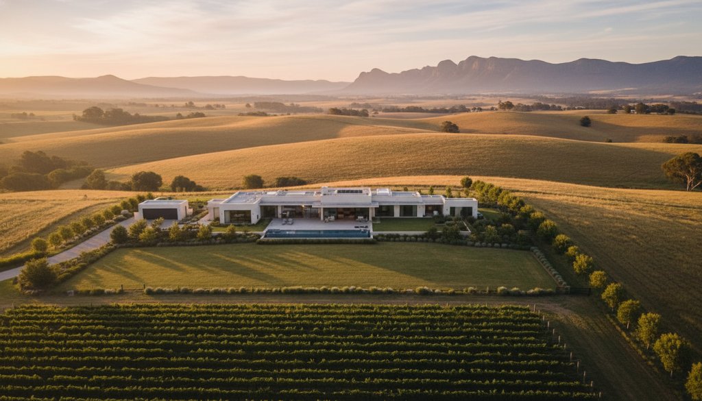 An aerial drone shot at golden hour showcasing a modern, luxurious home nestled in the scenic hills of Ararat, Victoria, with a vineyard in the foreground, perfectly demonstrating professional real estate photography for standout properties.