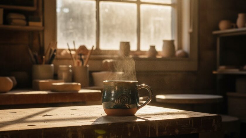 An epic moment capturing a beautifully crafted artisan pottery piece, showcasing its intricate details and texture, bathed in dramatic natural light filtering through an old workshop window in Ararat, Victoria. The product is perfectly in focus, with a softly blurred rustic background hinting at the craftsmanship. This professional, color-graded image highlights the unique character of local Ararat products through expert product photography.