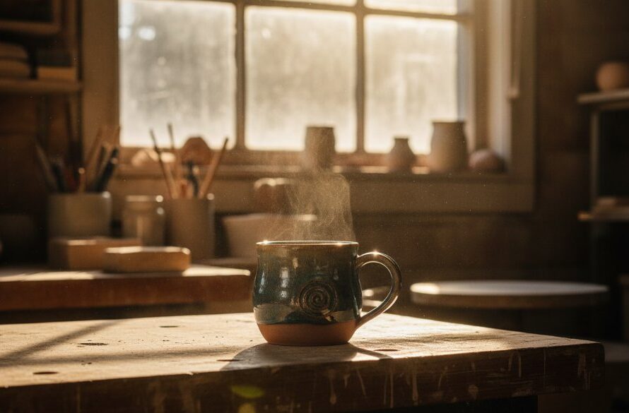 An epic moment capturing a beautifully crafted artisan pottery piece, showcasing its intricate details and texture, bathed in dramatic natural light filtering through an old workshop window in Ararat, Victoria. The product is perfectly in focus, with a softly blurred rustic background hinting at the craftsmanship. This professional, color-graded image highlights the unique character of local Ararat products through expert product photography.
