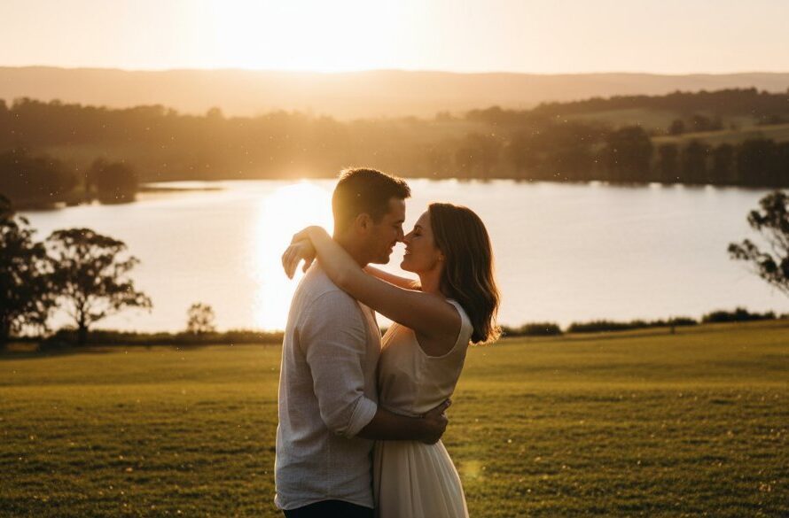 A stunning aerial shot of a couple embracing amidst the rolling hills near Ararat Victoria, showcasing ideal engagement photoshoot locations with dramatic sunset light.