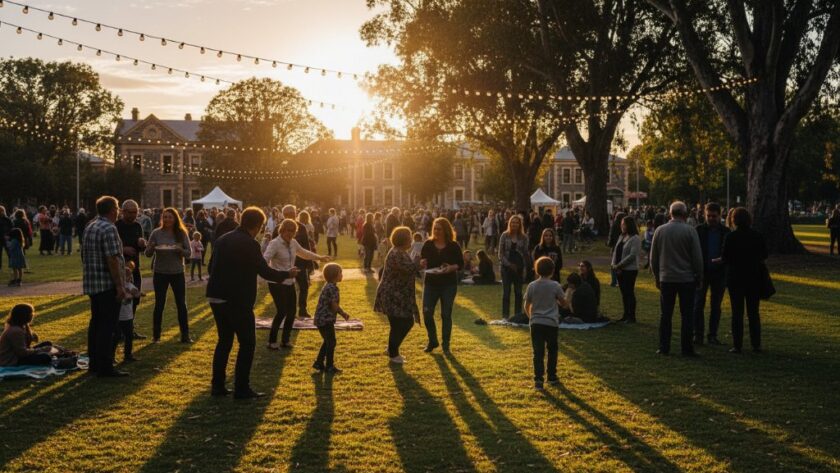 A wide shot of a joyous celebration under festoon lights in a historic Ararat garden, with guests laughing and dancing, perfectly encapsulating the energy of an event, demonstrating expert Ararat Victoria event photography capturing authentic moments.