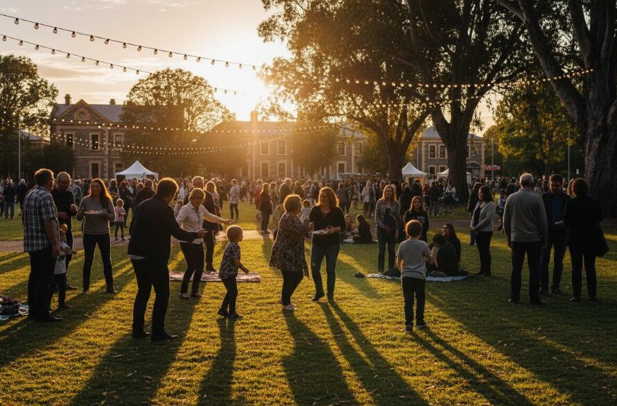 A wide shot of a joyous celebration under festoon lights in a historic Ararat garden, with guests laughing and dancing, perfectly encapsulating the energy of an event, demonstrating expert Ararat Victoria event photography capturing authentic moments.