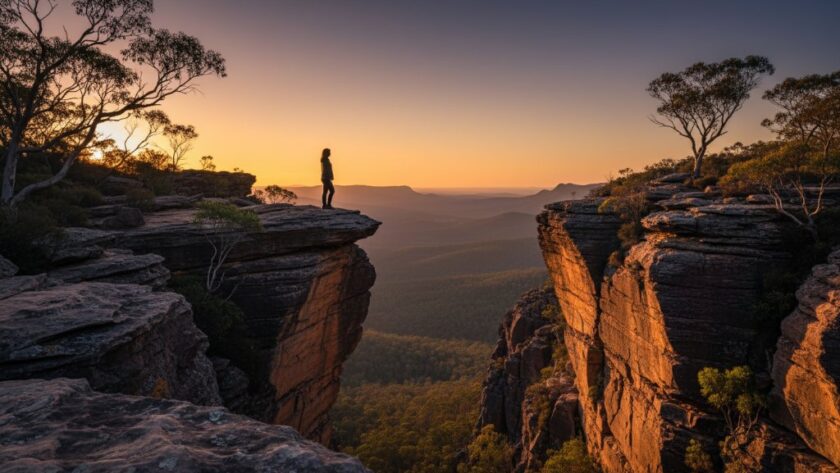 An epic moment of Ararat Victoria fine art photography unique perspectives, showcasing a dramatic sunset over the Grampians National Park with a lone, silhouetted figure standing in awe, professionally colour graded.