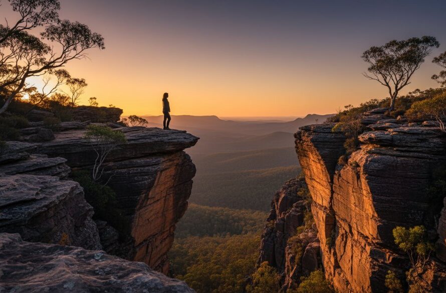 An epic moment of Ararat Victoria fine art photography unique perspectives, showcasing a dramatic sunset over the Grampians National Park with a lone, silhouetted figure standing in awe, professionally colour graded.