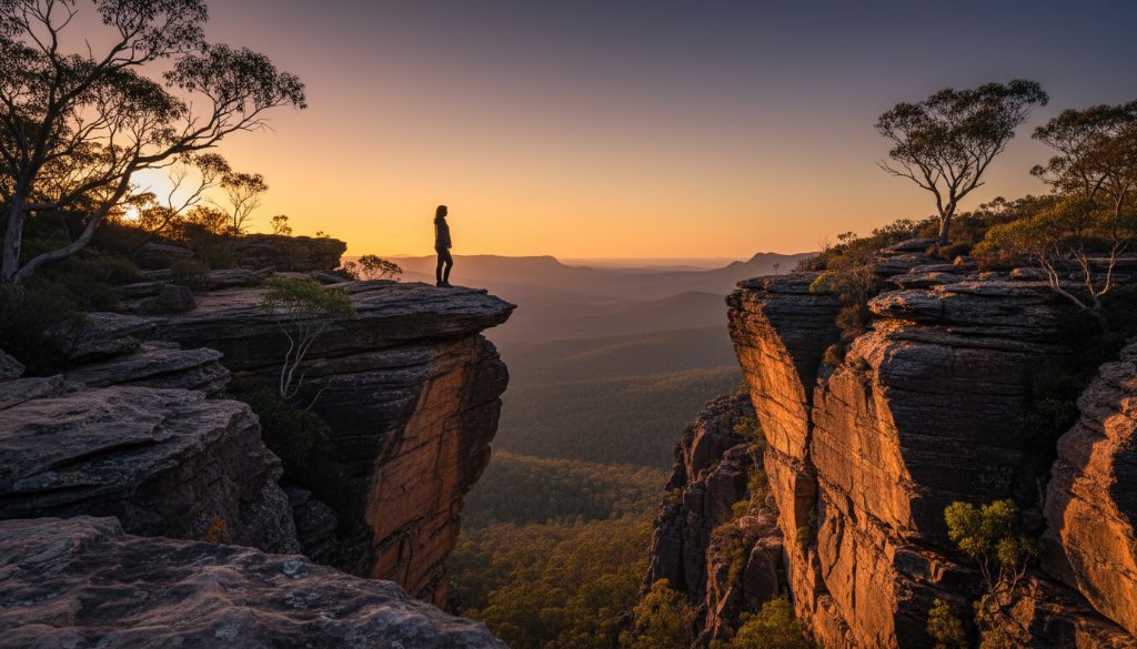 An epic moment of Ararat Victoria fine art photography unique perspectives, showcasing a dramatic sunset over the Grampians National Park with a lone, silhouetted figure standing in awe, professionally colour graded.