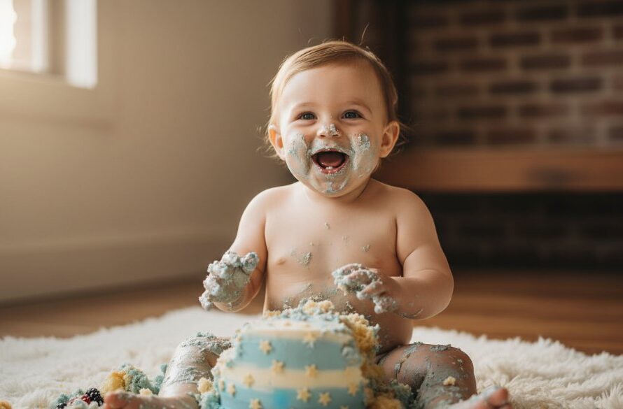 An adorable baby, covered in cake, laughing joyfully during an ararat victoria first birthday cake smash photoshoot, with dramatic lighting and professional colour grading, capturing an epic moment.