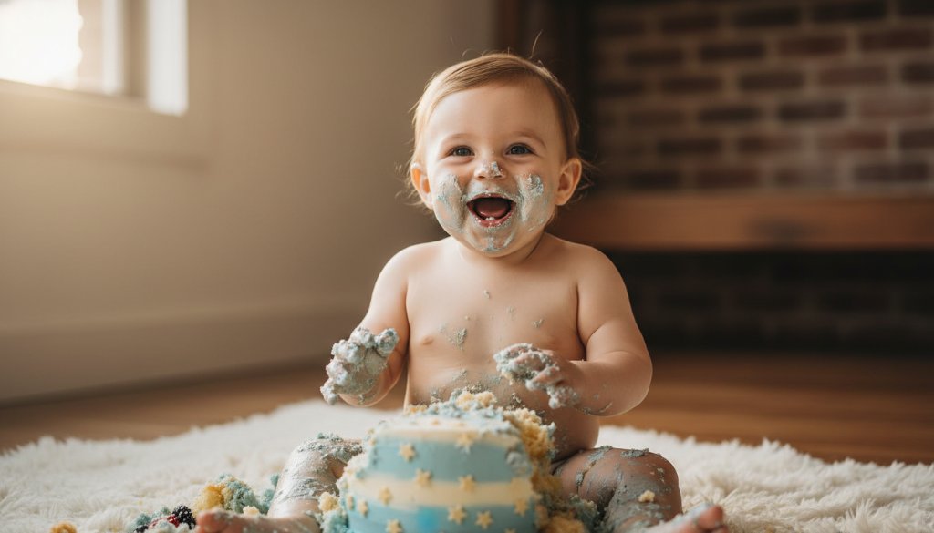 An adorable baby, covered in cake, laughing joyfully during an ararat victoria first birthday cake smash photoshoot, with dramatic lighting and professional colour grading, capturing an epic moment.