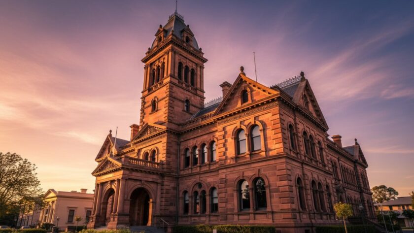 An epic golden hour shot showcasing the intricate Victorian-era facade of a prominent heritage building in Ararat, Victoria, bathed in dramatic light, exemplifying Ararat Victoria heritage building photography excellence.
