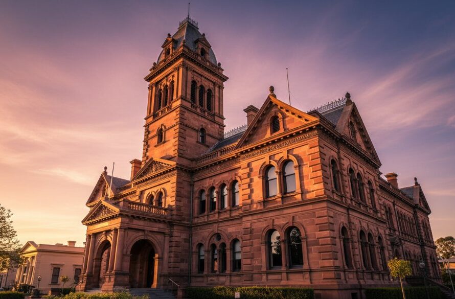 An epic golden hour shot showcasing the intricate Victorian-era facade of a prominent heritage building in Ararat, Victoria, bathed in dramatic light, exemplifying Ararat Victoria heritage building photography excellence.