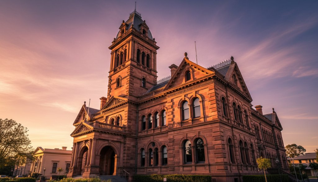 An epic golden hour shot showcasing the intricate Victorian-era facade of a prominent heritage building in Ararat, Victoria, bathed in dramatic light, exemplifying Ararat Victoria heritage building photography excellence.