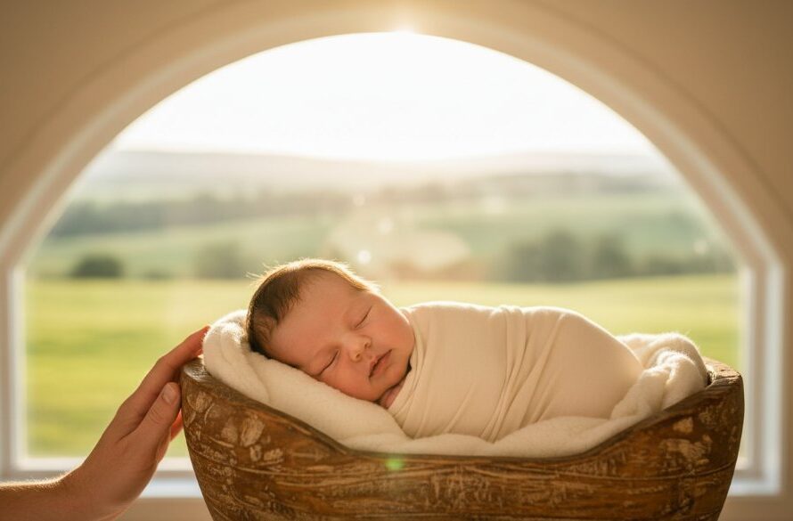 An epic moment in Ararat Victoria natural newborn photography, featuring a serene newborn sleeping peacefully in a rustic wooden basket, bathed in soft, warm natural light filtering through a window, with a delicate hand reaching in to gently touch the baby's tiny foot, capturing profound love and tender connection.