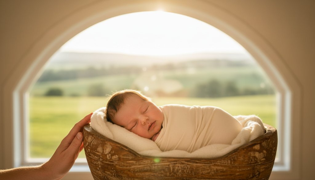 An epic moment in Ararat Victoria natural newborn photography, featuring a serene newborn sleeping peacefully in a rustic wooden basket, bathed in soft, warm natural light filtering through a window, with a delicate hand reaching in to gently touch the baby's tiny foot, capturing profound love and tender connection.