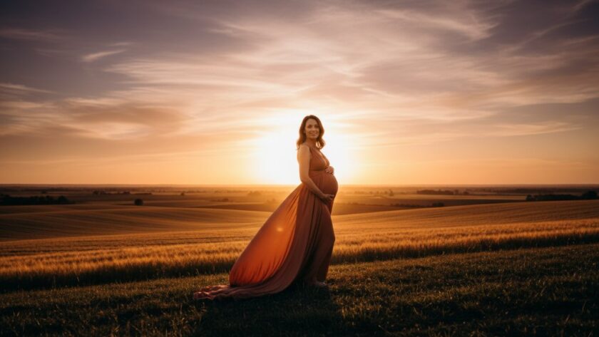A radiant expectant mother in a flowing gown, silhouetted against a dramatic sunset over rolling hills in the Ararat Victoria outdoor maternity photoshoot, capturing an epic moment of serene beauty.