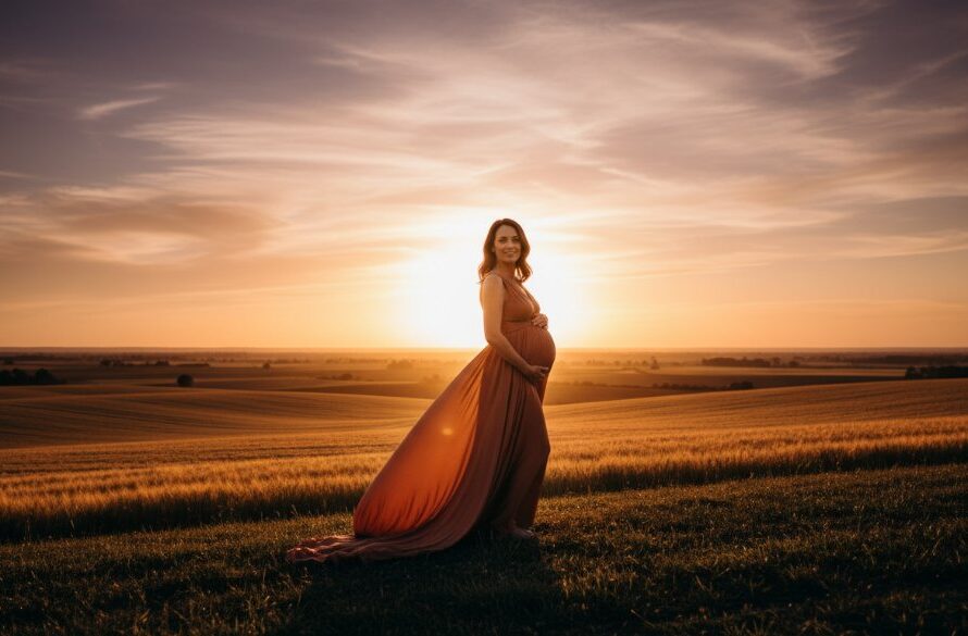 A radiant expectant mother in a flowing gown, silhouetted against a dramatic sunset over rolling hills in the Ararat Victoria outdoor maternity photoshoot, capturing an epic moment of serene beauty.