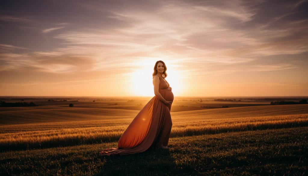A radiant expectant mother in a flowing gown, silhouetted against a dramatic sunset over rolling hills in the Ararat Victoria outdoor maternity photoshoot, capturing an epic moment of serene beauty.