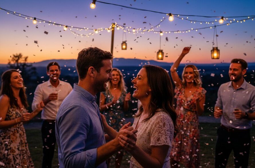 Dynamic shot capturing genuine Ararat Victoria party photography candid moments, with guests laughing and dancing under string lights at a vibrant outdoor celebration near the Grampians, professionally lit and colour-graded.