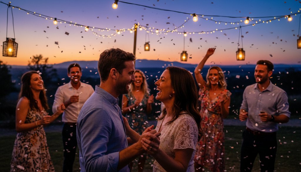 Dynamic shot capturing genuine Ararat Victoria party photography candid moments, with guests laughing and dancing under string lights at a vibrant outdoor celebration near the Grampians, professionally lit and colour-graded.