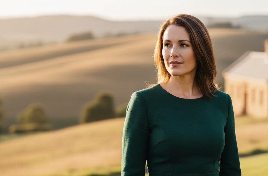 A confident female executive, poised and determined, stands amidst the serene landscape near Ararat, Victoria, bathed in soft, ethereal morning light, embodying professional headshots for career growth with a cinematic and inspiring quality.