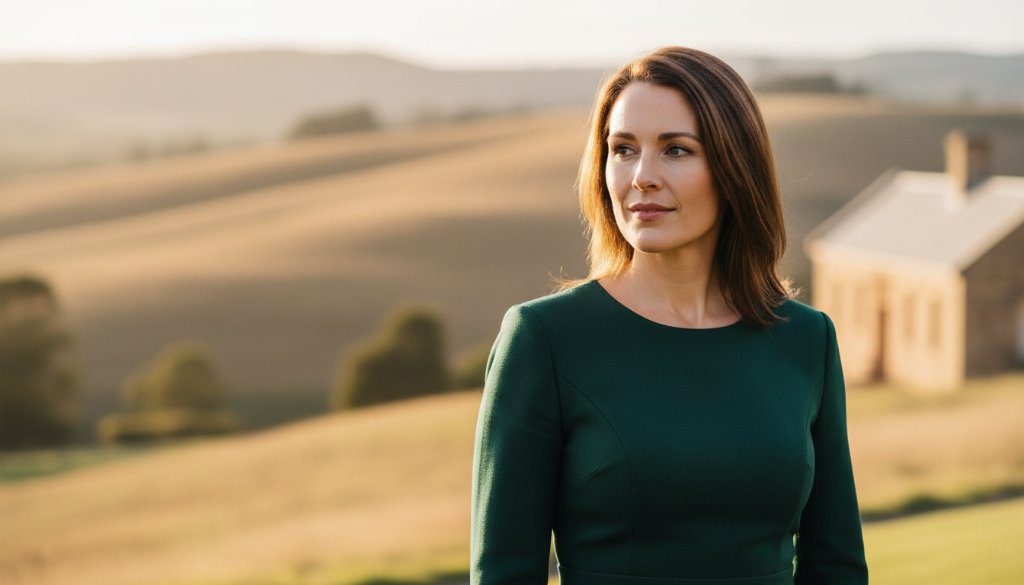 A confident female executive, poised and determined, stands amidst the serene landscape near Ararat, Victoria, bathed in soft, ethereal morning light, embodying professional headshots for career growth with a cinematic and inspiring quality.