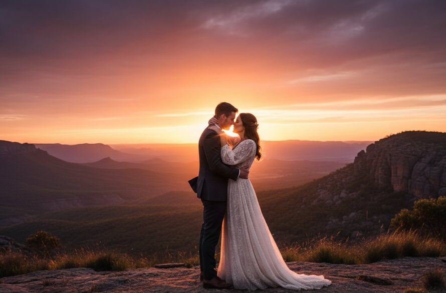 An epic and romantic moment captured during an Ararat Victoria rustic wedding photography session, featuring a couple embracing in golden hour light with the rolling Grampians hills in the background, a breathtaking and cinematic scene.