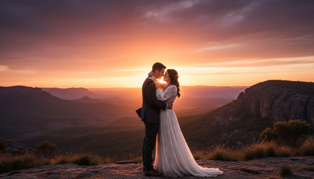 An epic and romantic moment captured during an Ararat Victoria rustic wedding photography session, featuring a couple embracing in golden hour light with the rolling Grampians hills in the background, a breathtaking and cinematic scene.