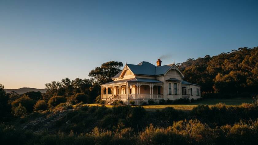 Dramatic golden hour shot of a beautifully restored heritage home in The Basin, Victoria, showcasing its intricate period details and local charm through expert Architectural heritage photography The Basin Victoria.