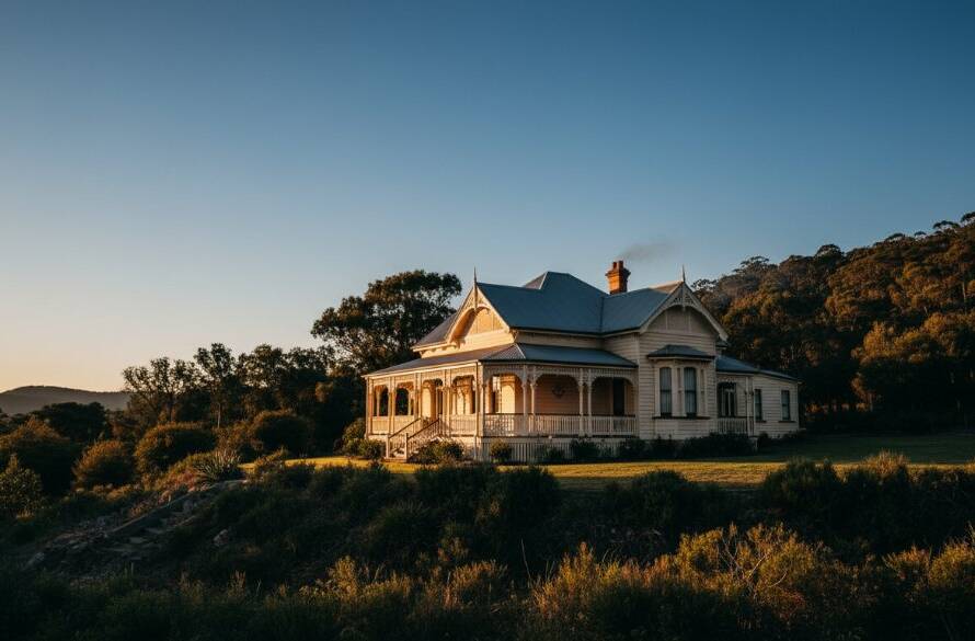Dramatic golden hour shot of a beautifully restored heritage home in The Basin, Victoria, showcasing its intricate period details and local charm through expert Architectural heritage photography The Basin Victoria.