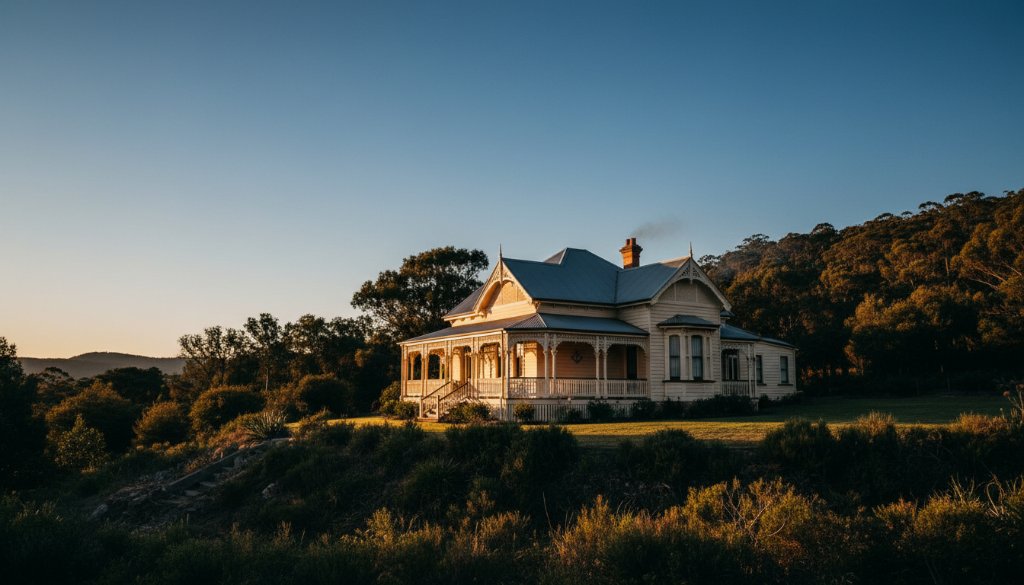 Dramatic golden hour shot of a beautifully restored heritage home in The Basin, Victoria, showcasing its intricate period details and local charm through expert Architectural heritage photography The Basin Victoria.