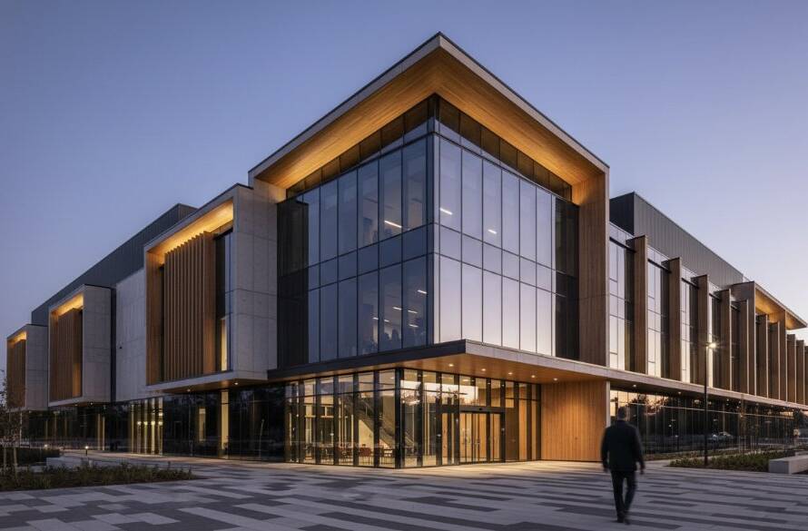 A dramatic wide-angle shot capturing the striking facade of a contemporary public building in Kings Park, Victoria, under a moody, sunrise sky. The architectural photography Kings Park Victoria's modern design highlights sleek lines, reflective surfaces, and the interplay of light and shadow, with a lone figure walking, emphasizing scale. Professional, color-graded, cinematic.