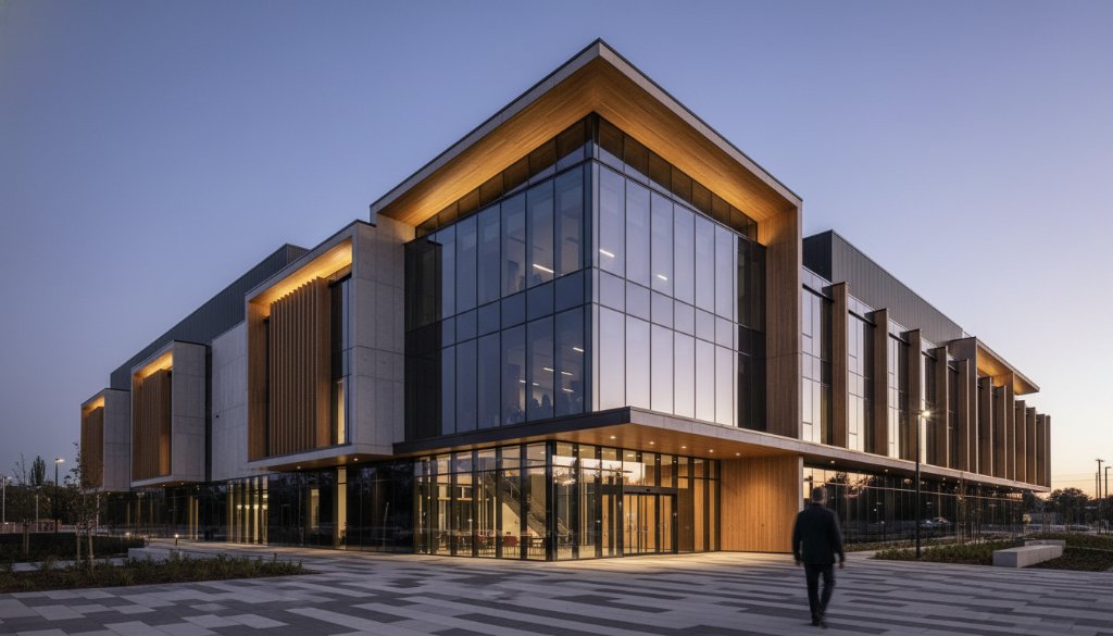 A dramatic wide-angle shot capturing the striking facade of a contemporary public building in Kings Park, Victoria, under a moody, sunrise sky. The architectural photography Kings Park Victoria's modern design highlights sleek lines, reflective surfaces, and the interplay of light and shadow, with a lone figure walking, emphasizing scale. Professional, color-graded, cinematic.