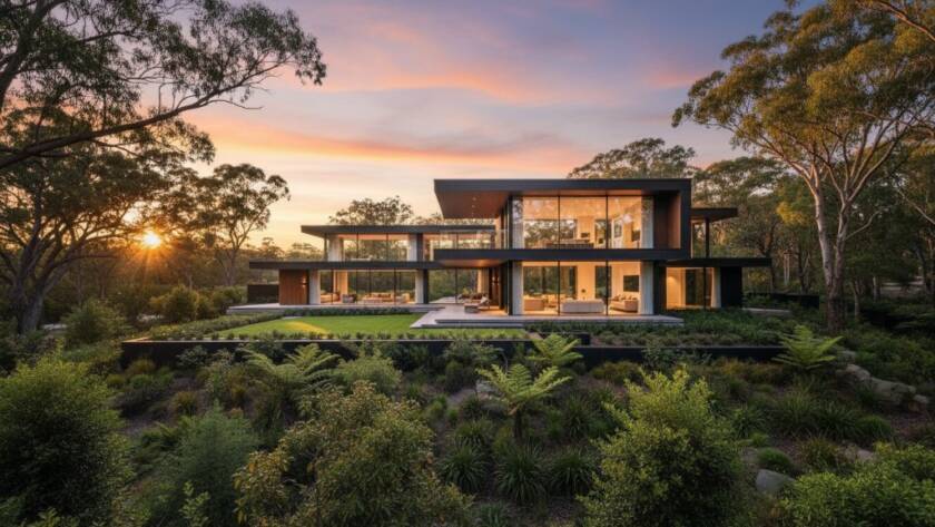 An epic, low-angle shot of a striking, contemporary home in Park Orchards, Victoria, captured during golden hour. The image showcases the sleek lines and innovative materials of modern design, highlighting the unique details of this architectural photography Park Orchards modern homes project. Dramatic shadows and warm light enhance the building's facade against a clear evening sky.