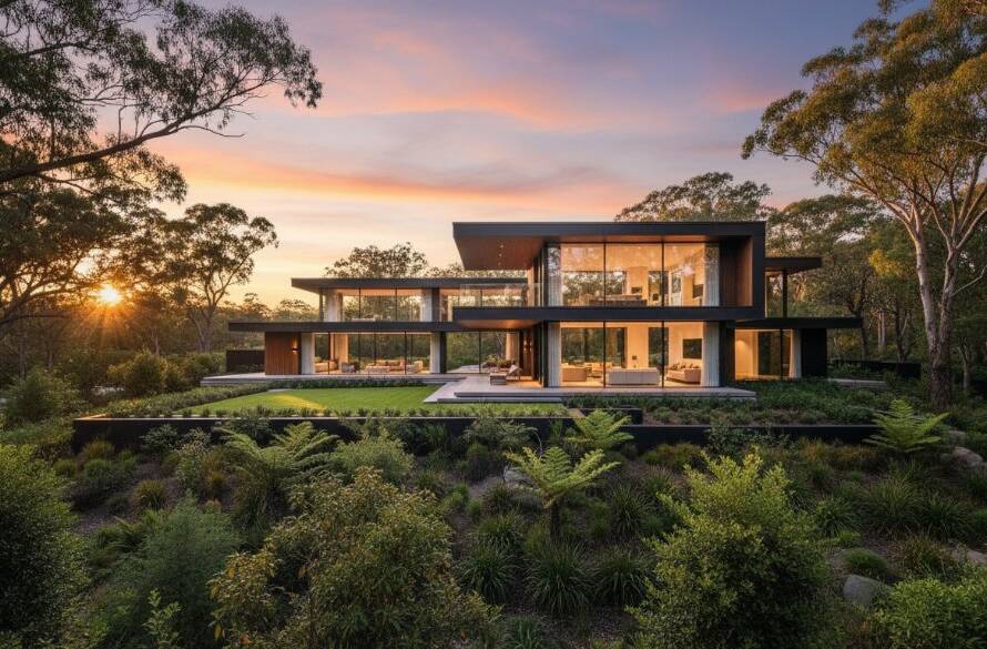 An epic, low-angle shot of a striking, contemporary home in Park Orchards, Victoria, captured during golden hour. The image showcases the sleek lines and innovative materials of modern design, highlighting the unique details of this architectural photography Park Orchards modern homes project. Dramatic shadows and warm light enhance the building's facade against a clear evening sky.
