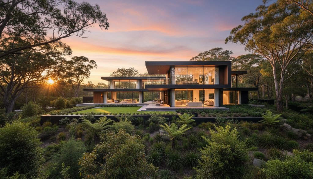 An epic, low-angle shot of a striking, contemporary home in Park Orchards, Victoria, captured during golden hour. The image showcases the sleek lines and innovative materials of modern design, highlighting the unique details of this architectural photography Park Orchards modern homes project. Dramatic shadows and warm light enhance the building's facade against a clear evening sky.