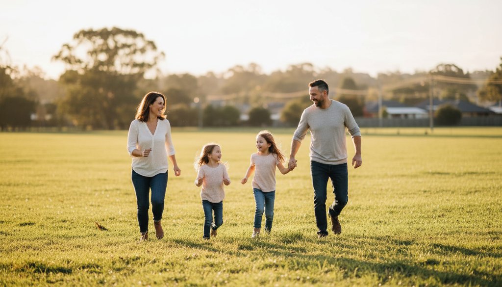 A heartwarming, sun-drenched Ardeer candid family photography moments of a family laughing genuinely amidst the natural beauty of Ardeer, Victoria, capturing an epic moment of pure connection and joy with professional color grading.