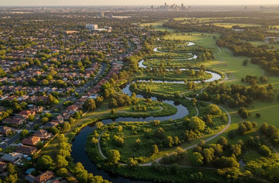Epic aerial photograph showcasing Ardeer drone photography elevating local landscapes, capturing the vibrant streetscapes and green spaces of Ardeer at golden hour with dramatic shadows and highlights.