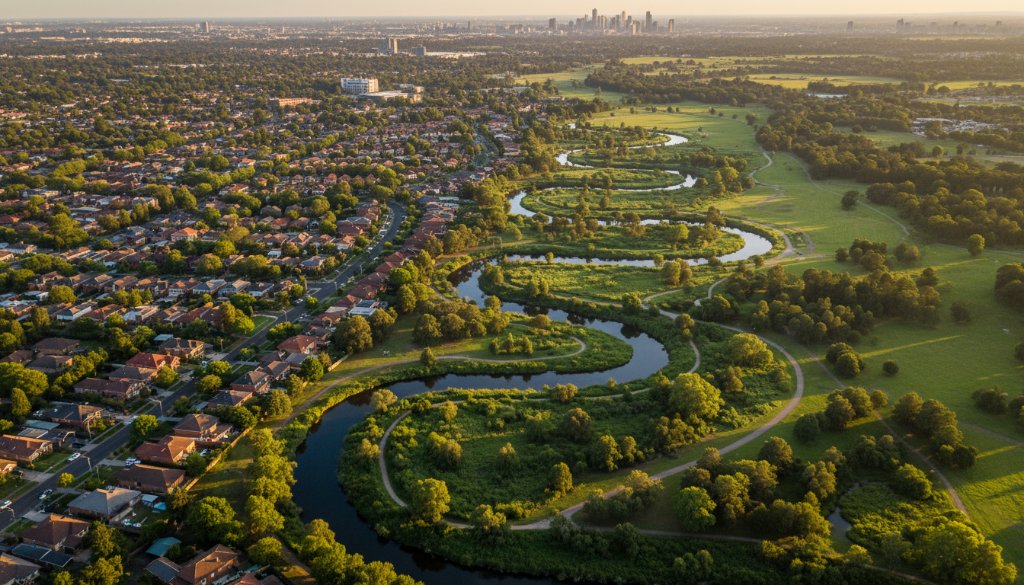 Epic aerial photograph showcasing Ardeer drone photography elevating local landscapes, capturing the vibrant streetscapes and green spaces of Ardeer at golden hour with dramatic shadows and highlights.