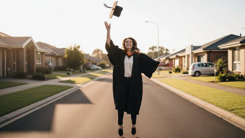 A graduating student in Ardeer joyously tossing their cap into the air at sunset, with the iconic Ardeer landscape in the background, captured in an 'epic moment' style with dramatic lighting and professional colour grading, symbolizing their achievement through Ardeer graduation photography unforgettable moments.
