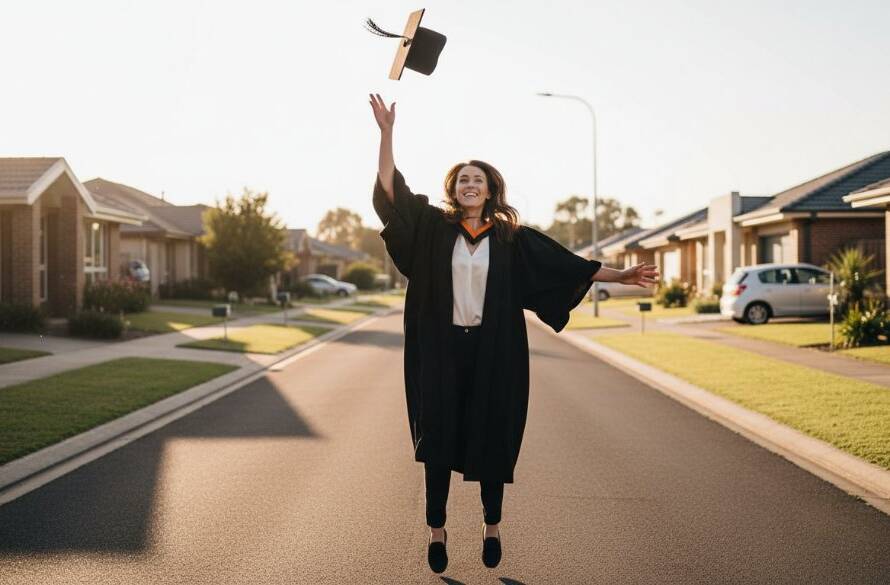 A graduating student in Ardeer joyously tossing their cap into the air at sunset, with the iconic Ardeer landscape in the background, captured in an 'epic moment' style with dramatic lighting and professional colour grading, symbolizing their achievement through Ardeer graduation photography unforgettable moments.